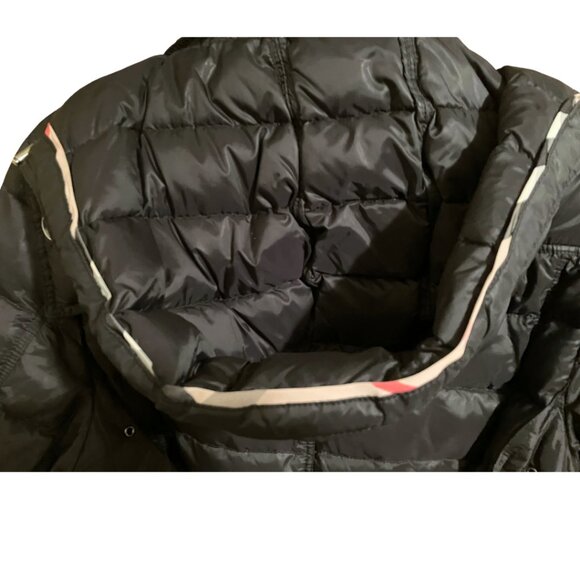 Burberry Brit Black Down Puffer Coat with Iconic Plaid Trim – Size L - Picture 6 of 13